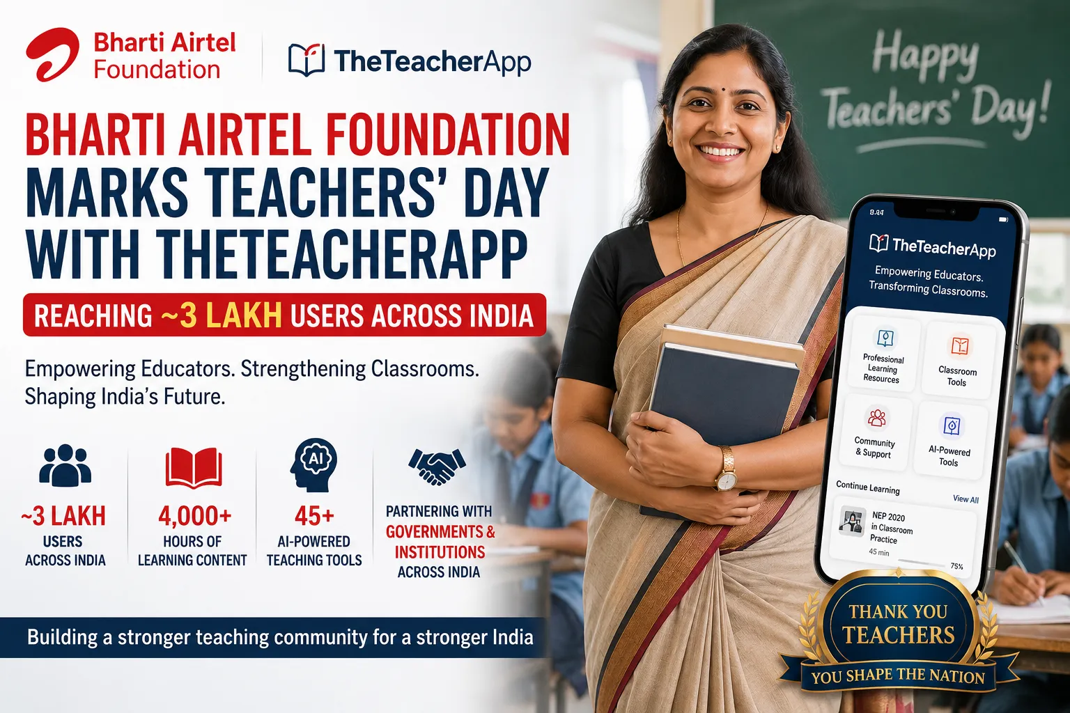 Bharti Airtel Foundation Marks Teachers' Day with TheTeacherApp Reaching ~3 Lakh Users Across India