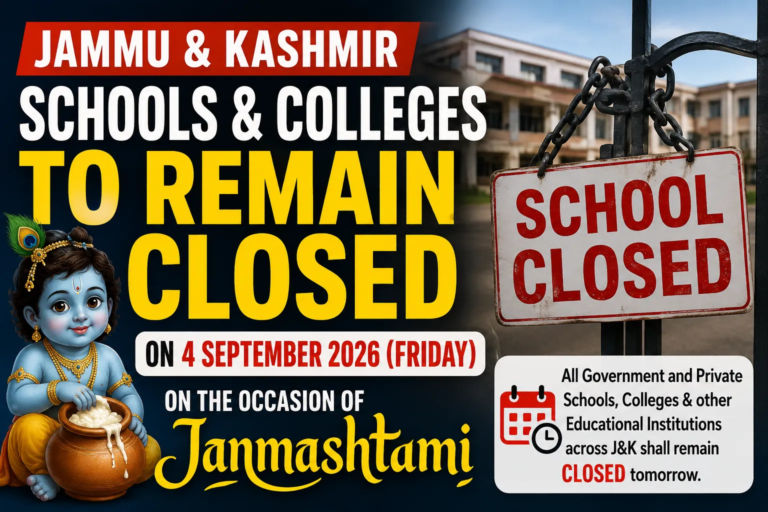 J&K Educational Institutions to Remain Closed on September 4 for Janmashtami