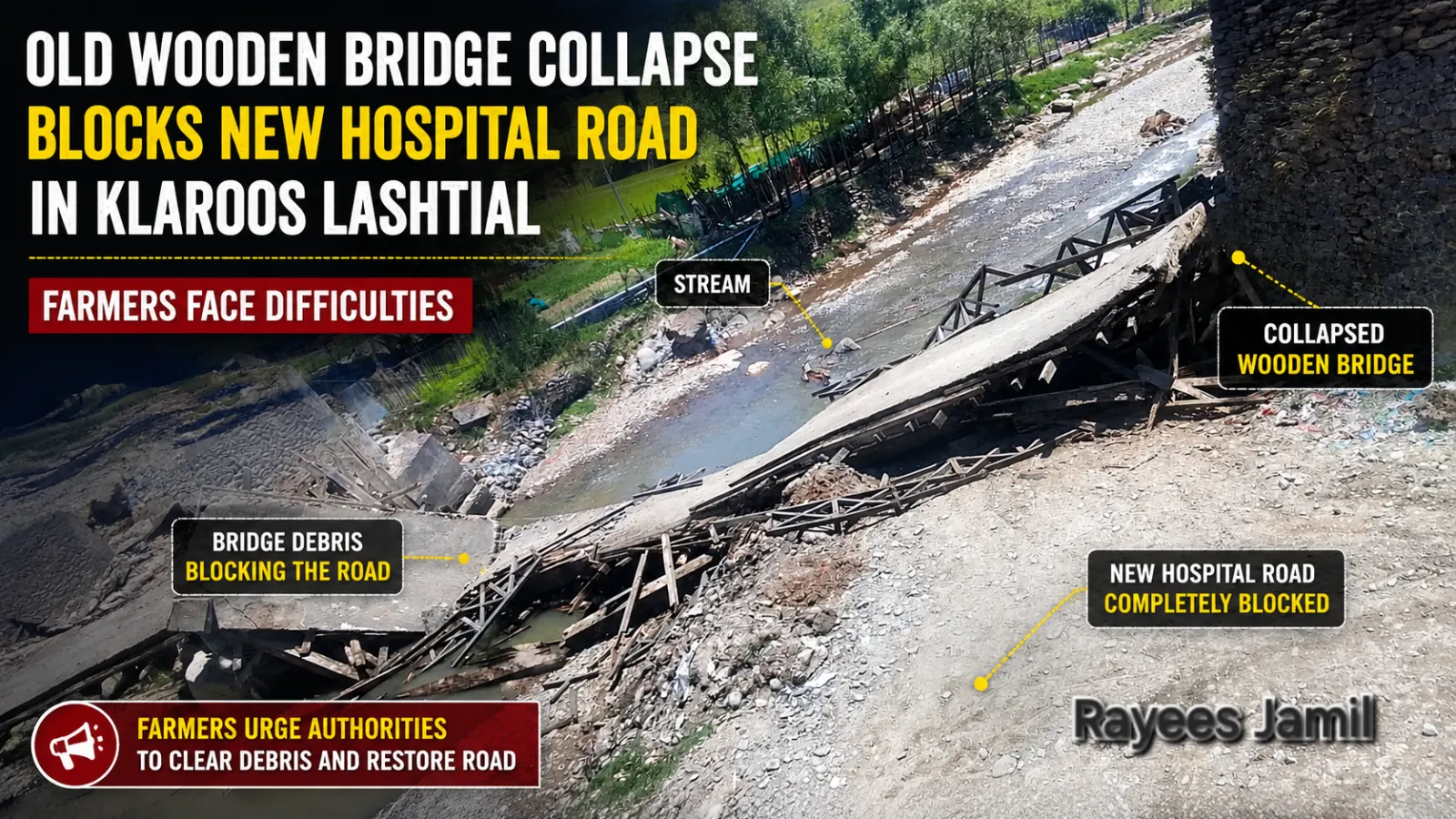 Old Wooden Bridge Collapse Blocks New Hospital Road in Klaroos Lashtiyal, Farmers Face Difficulties
